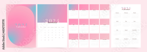 2024 Calendar template design. Week starts on Sunday pink office calendar for businesswoman. Aesthetic Gradient Design. Desktop planner in Modern Fashion Minimal Style. English vector calendar layout.