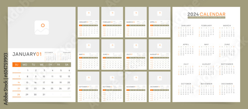  Wall Calendar 2024, Calendar 2024 Templates with place for photo. Sunday Start. Business Design Template Vector.
