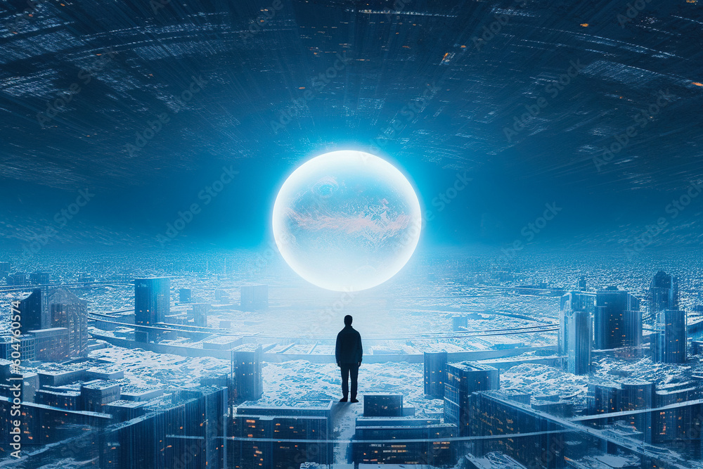 Future Vision Concept. Insightful Human-centric Forecast and Prediction, Metaphoric World with Futuristic Scenery, Encompassing Business Strategy and Technological Evolution.