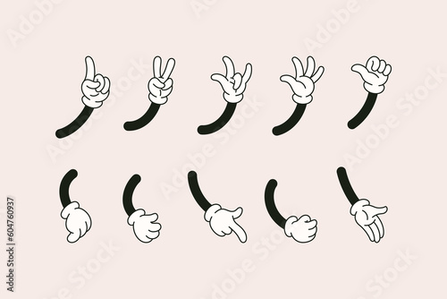 Billede på lærred Retro Cartoon Hands Set in Different Gestures Showing Pointing Finger, Thumb Up, Rock sign, High Five