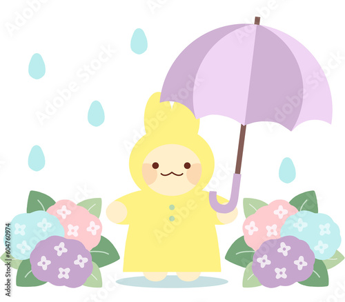 傘をさすレインコートを着たウサギと紫陽花