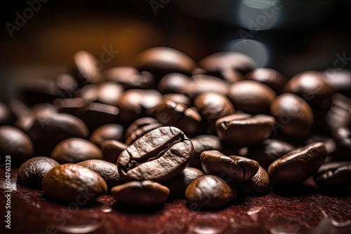 heap of coffee beans resting on a wooden table Generative AI © AkuAku