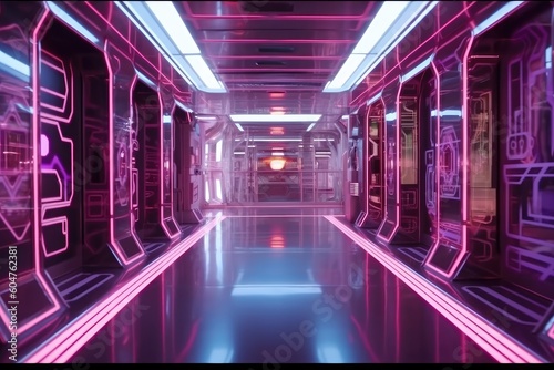 dark hallway with vibrant neon lights and a mysterious red glow Generative AI
