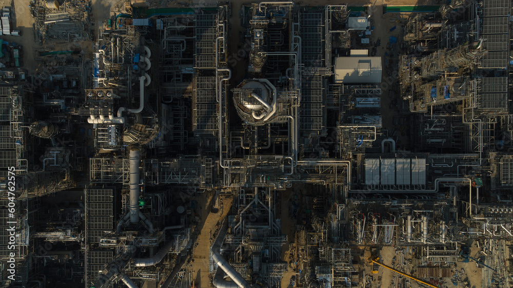 industrial plant construction project, crude oil and gas refinery new construction site large scale, aerial view,