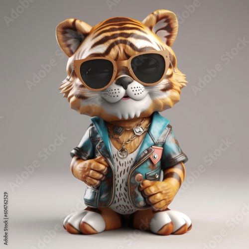 3D cartoon tiger portrait wearing clothes  standing in front  generative ai