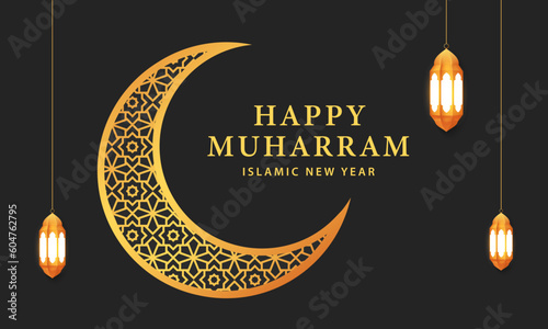 Happy Muharram islamic new year background. Hijri new year greeting card design with mosque silhouette. Vector illustration.