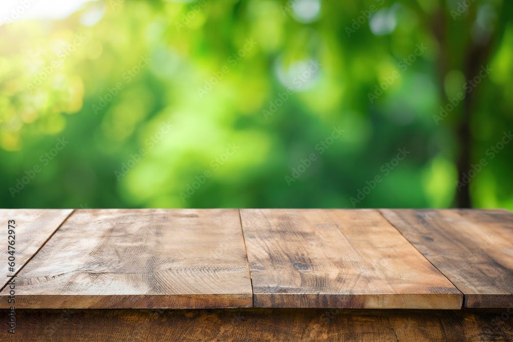 Wooden table and blurred green nature garden background. Wooden table and blurred green nature garden background.