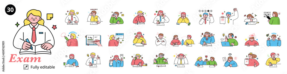 Education. Students studying hard and taking exams. korean students character mega set. Education. Students studying hard and taking exams. korean students character mega set.