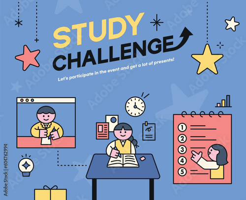 Education. Students studying hard and taking exams. Study challenge advertising banner.