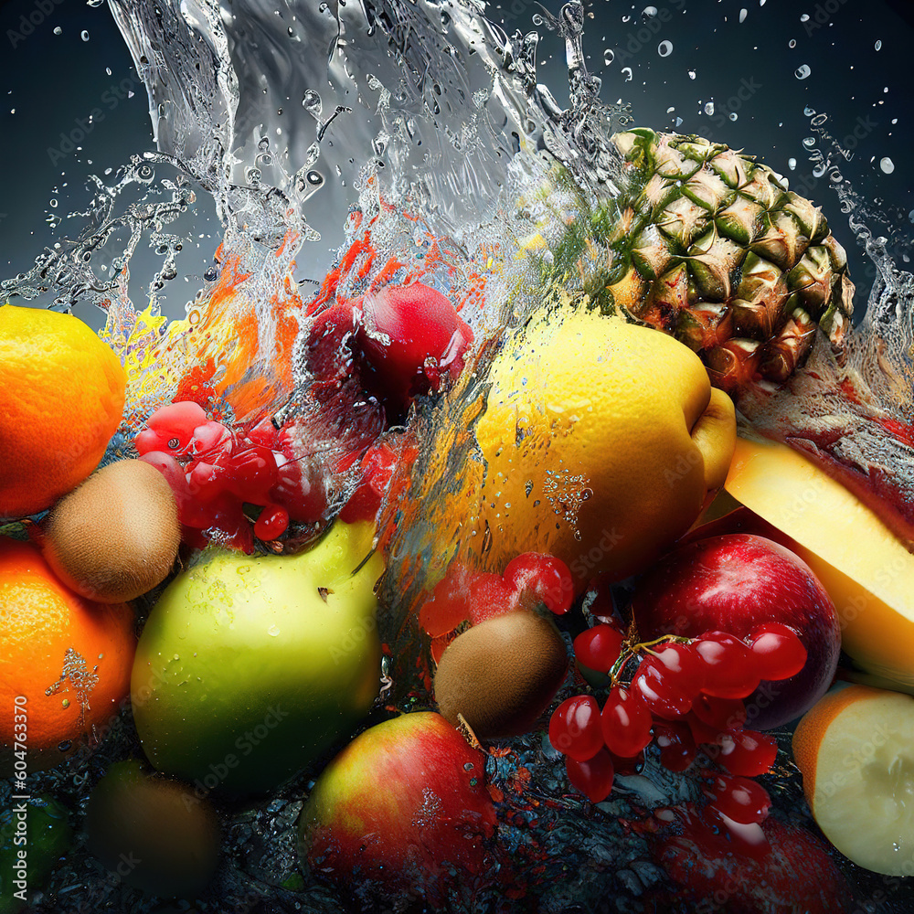 Fototapeta premium various Fruits splash on water with Generative AI.
