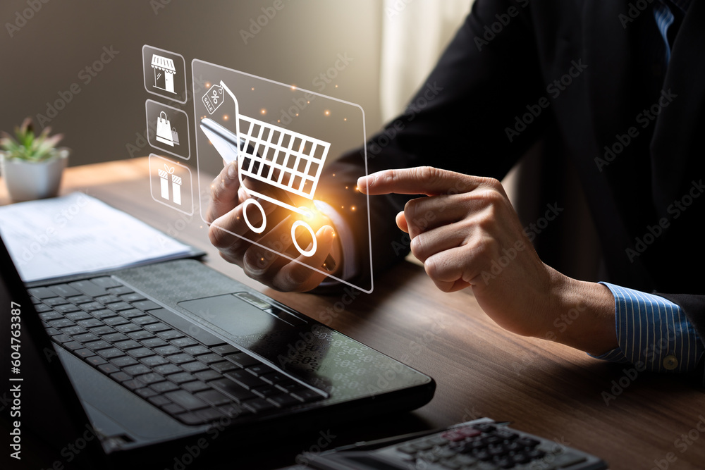 online shopping concept, businessman use smartphones and credit cards to purchase products from online stores and shop on the internet, ecommerce store, online business, convenience, competitive price - obrazy, fototapety, plakaty 