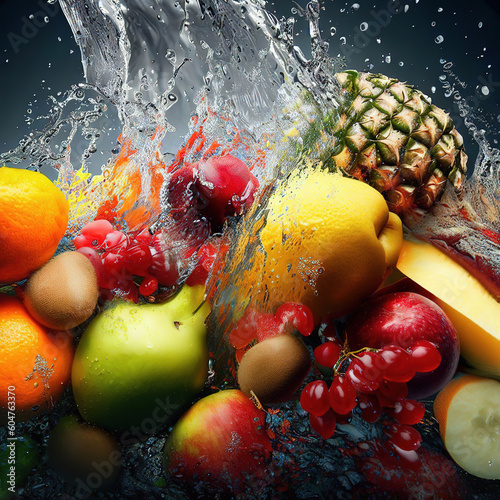 various Fruits splash on water with Generative AI.