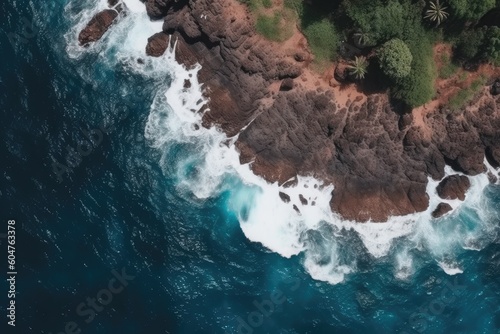 ocean waves crashing against rocky shore in aerial view Generative AI