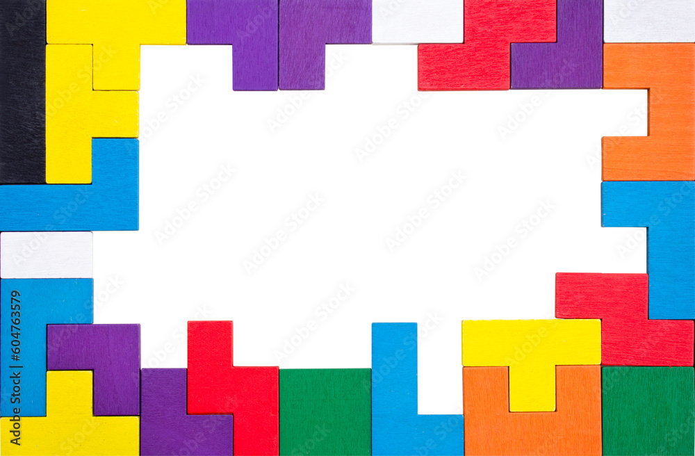 Multi-colored puzzle laid out in the form of a frame isolated on a transparent background. Space for text in the middle.