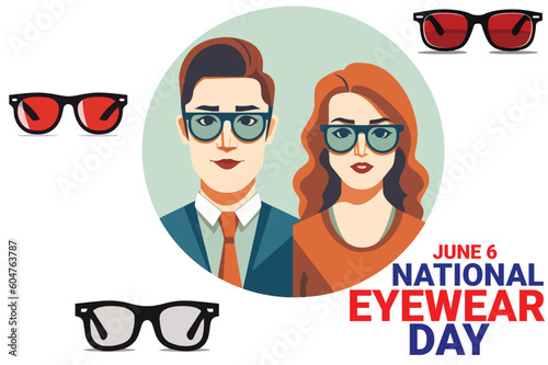 man and woman use eyewear with bold text isolated yellow background to celebrate national eyewear day on june 6. vector eps