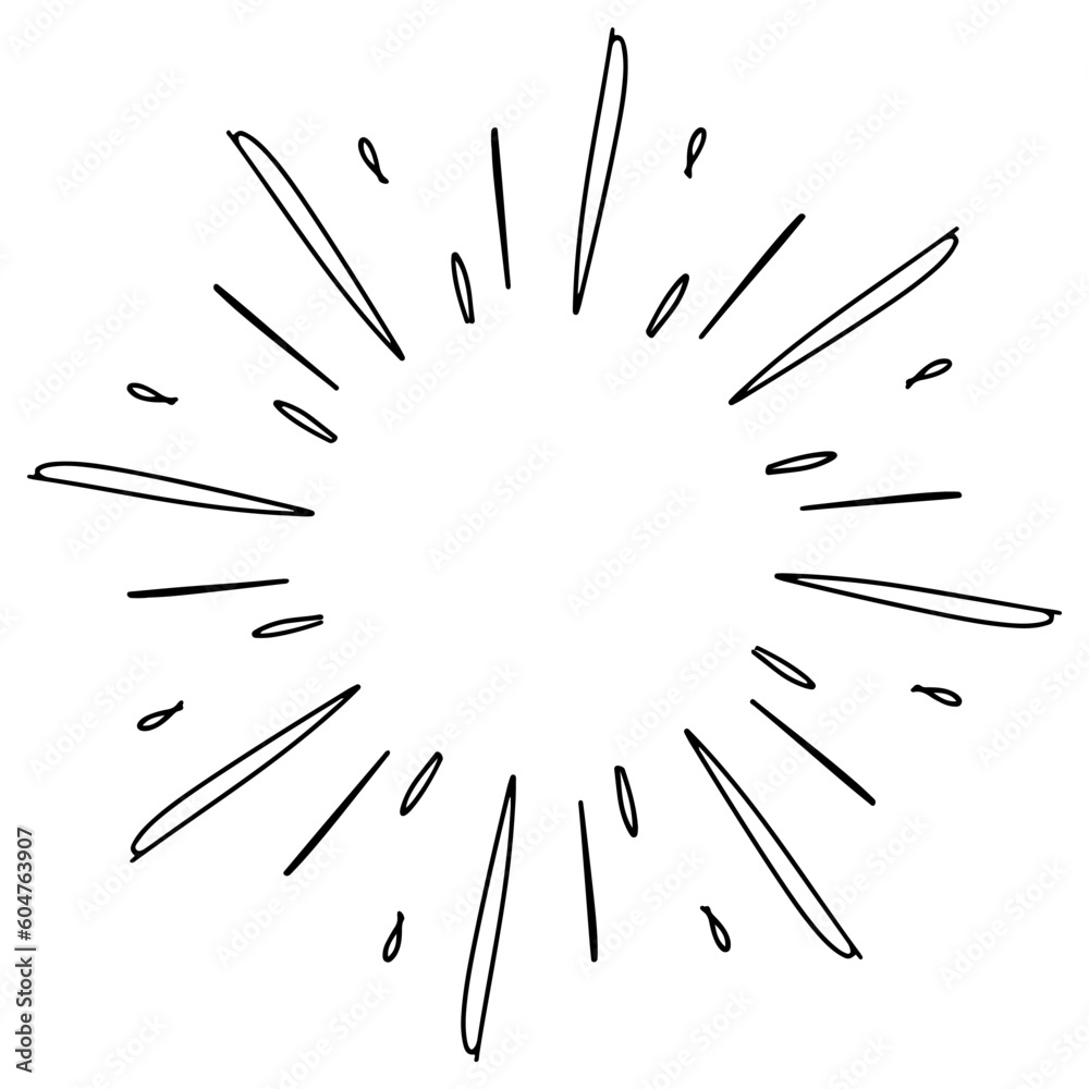 Obraz premium Doodle sketch style of Starburst, sunburst, Element Fireworks Black Rays. Comic explosion effect. Radiating, radial lines. cartoon hand drawn illustration for concept design.