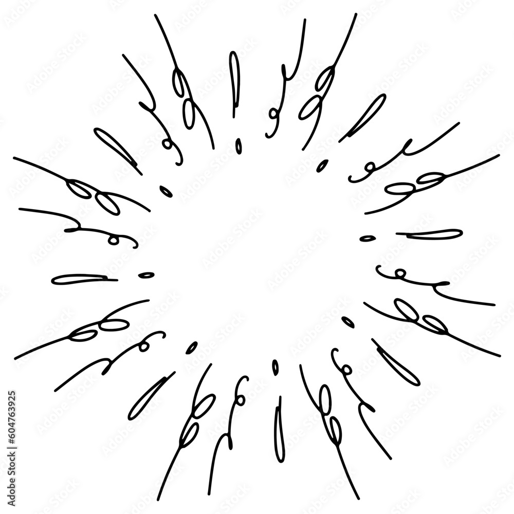 Doodle sketch style of Starburst, sunburst,  Element Fireworks Black Rays. Comic explosion effect. Radiating, radial lines. cartoon hand drawn illustration for concept design.