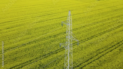 Aerial view around a electic pylon in middle of a canola field on a sunny day