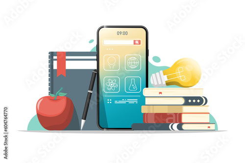 Online education concept, Smartphone with book, apple, light bulb on isolated background, Digital marketing illustration.