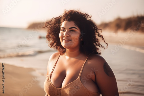 Beautiful young curvy Greek woman on the beach. Photorealistic illustration generative AI.