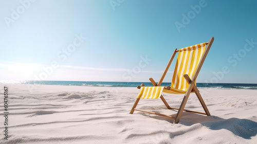 A yellow beach chair on a beach with the sun shining on it.