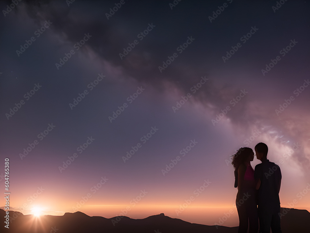 Silhouette of young couple hiker were standing at the top of the mountain looking at the stars and Milky Way over the twilight sky