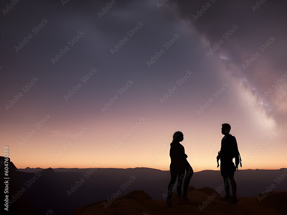 Obraz premium Silhouette of young couple hiker were standing at the top of the mountain looking at the stars and Milky Way over the twilight sky