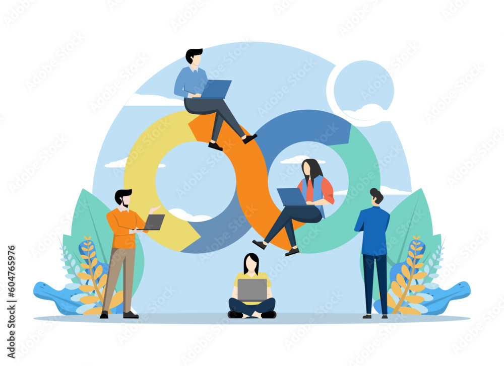 DevOps Programmers Concept, Showing a team of developers doing programmers using devOps methods, Suitable for landing page, ui, web, app intro card, editorial, flyer and banner, Vector Illustration. DevOps Programmers Concept, Showing a team of developers doing programmers using devOps methods, Suitable for landing page, ui, web, app intro card, editorial, flyer and banner, Vector Illustration.