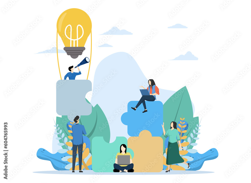 Teamwork concept, with characters working together connecting puzzle elements, solving problems, Suitable for landing page, ui, web, editorial, flyer and banner, Vector Illustration.