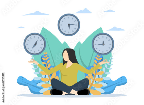 concept of meditation during working hours, rest, health benefits of body, mind and emotions, thought process, set mind and mental to work, flat vector illustration.