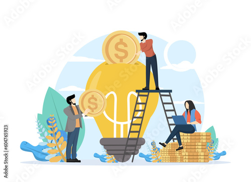 Business Crowdfunding Concept, Showing Startup Business receiving funding from investors, invest in idea, Suitable for landing page, ui, web, app intro card, and banner, Flat Vector Illustration.