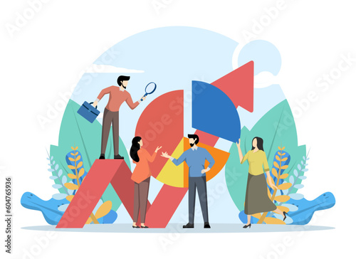 Data Analyst Concept, Showcase Businessman team characters with Data researching big data statistics, UI, web, app intro card, editorial, flyer and banner, Flat Vector Illustration.