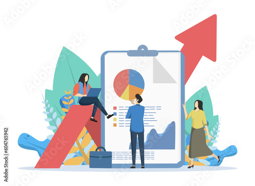 Financial Audit concept, with a team of business people doing company financial evaluation, Suitable for landing page, UI, web, app intro card, editorial, flyer and banner, Vector Illustration.