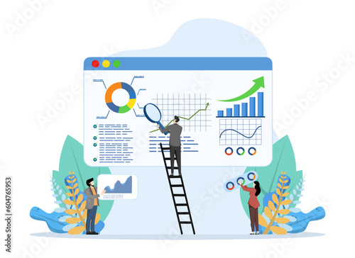 Data Analyst concept, Show Data business team characters researching big data statistics, analyzing company data, UI, web, app intro card, editorial, flyer and banner, Flat Vector Illustration.