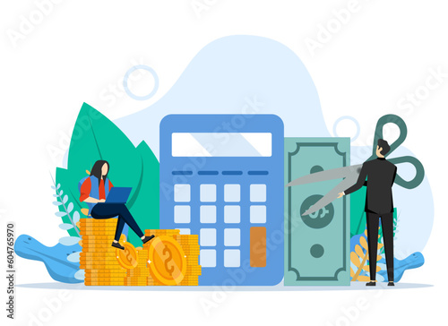 Tax Deduction Concept, Showing Businessman Holding Big Scissors, optimization, customs, financial accounting. Perfect for landing pages, UI, web, editorial, flyers and banners, Vector Illustration.