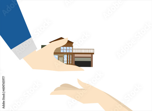 Inheriting a house or real estate from parents, passing on inheritance concept to children, financial adviser in estate planning, father giving house, wealth or property to his children