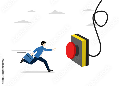 Push button call for emergency help, start new business or launch new company concept, take control or launch rocket, cautious businessman running in rush to push red emergency button.