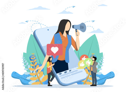 Social Media Influencer Concept, Showing people liking and reacting to social media profiles on smartphone, UI, web, app intro card, editorial, flyer, and banner, Vector Illustration.