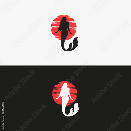 Beauty Mermaid Logo Japanese Design Vector Illustration