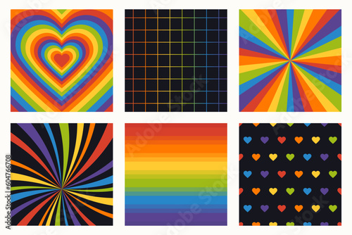Set of pride month abstract backgrounds. Lgbt flag colored heart shape, grid, swirl, rays, gradient. 