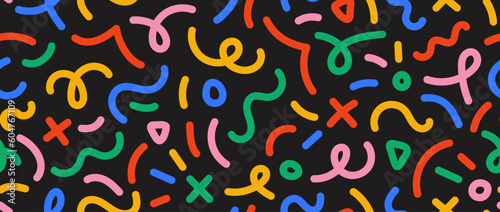 Colorful doodle seamless pattern. Abstract squiggle repeating background. Simple scribbles and shapes wallpaper. Textile or fabric print design swatch. Vector backdrop.