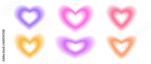 Y2k heart shape set. Trendy blurry aura collection. Blurred pastel gradient elements for logo, templates, badges, stickers. Vector pack