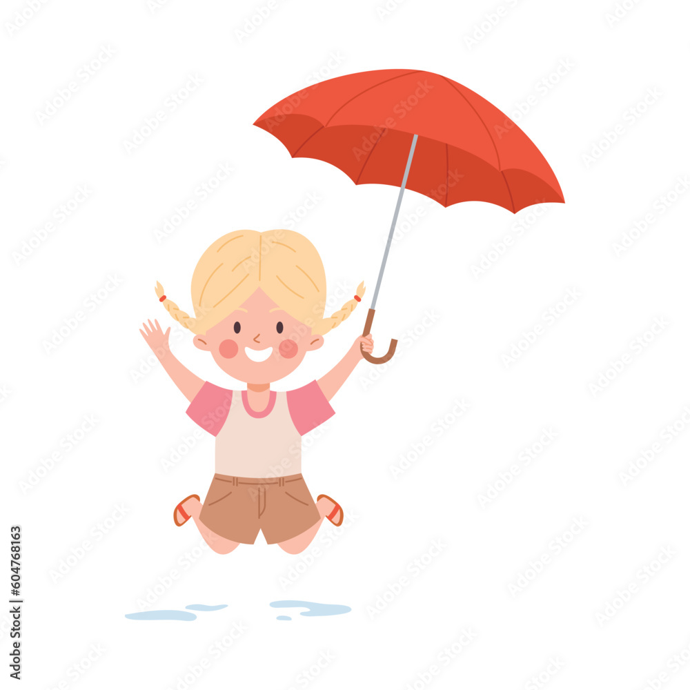Happy jumping little girl with opened red umbrella flat style