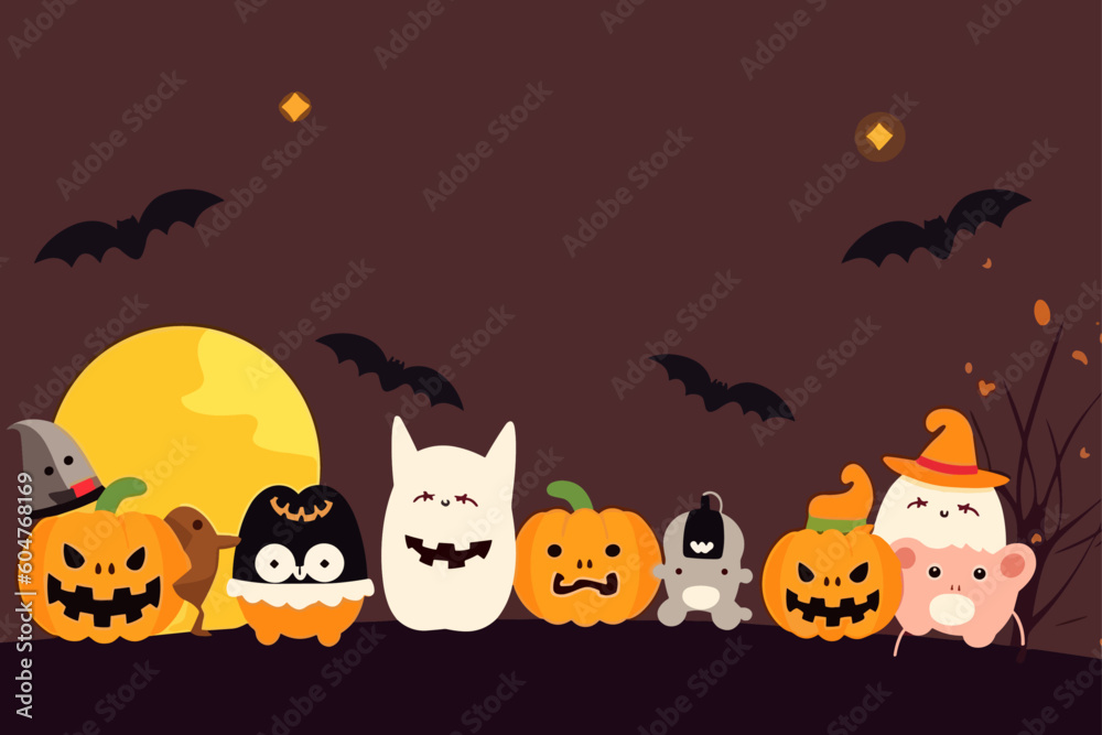 halloween background with pumpkin and bats, halloween banner with copy space, happy halloween background