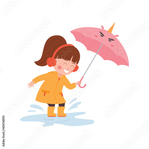 Girl in autumn clothes with umbrella flat cartoon vector illustration isolated.