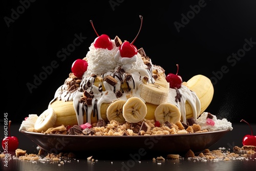 Delicious closeup of banana split ice cream with toppings in front of black background using generative AI
