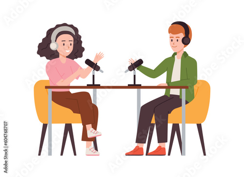 Bloggers with microphones record podcast or stream vector illustration isolated.