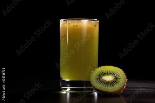 Closeup shot of kiwi juice in cup with kiwi at side using generative AI