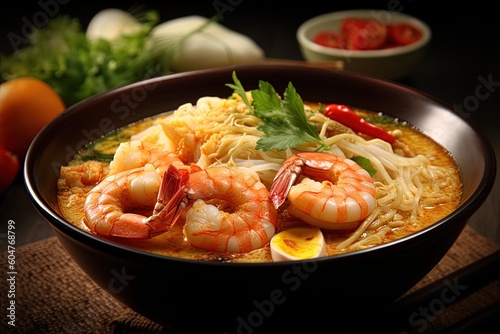 AI generated delicious curry mee bandung with black background 