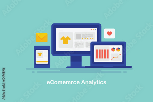 Business intelligence and data analytics report on laptop screen, ecommerce website on computer and shopping application on mobile screen, information related to online retail store. 